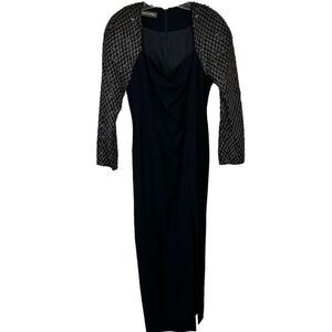 Vtg Morgan Matisse Black Long Cocktail Dress Long Sleeve Bling‎ Side Slit Size 8